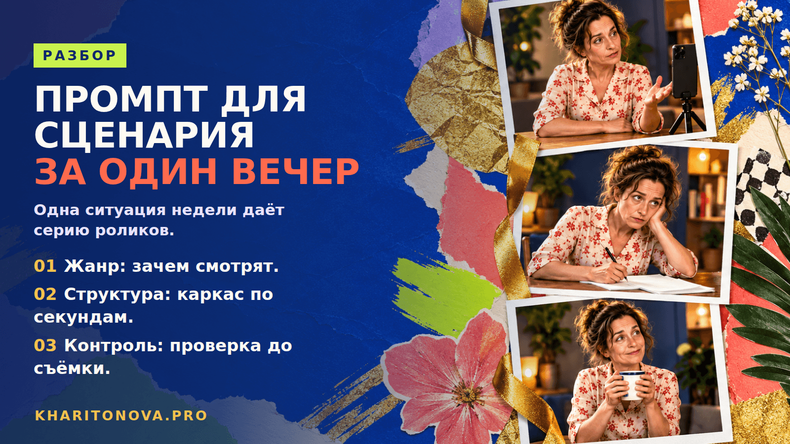 Женщина на кухне у смартфона на штативе и лента из трёх кадров одной героини на сочном кобальтовом постере